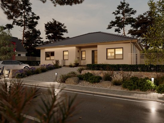 Großzügiger Wohnraum im Bungalow 128 Der Bungalow 128 mit einladender Fassade – komfortables Wohnen für Familien auf einer Ebene