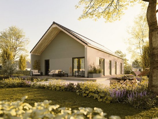 Bungalow 100 Novo mit individueller Note Der Bungalow 100 Novo mit Pultdach und überdachter Terrasse – modernes Wohnen mit Variantenvielfalt